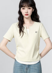 American Style Layered Look Short Sleeve Half Zip Top