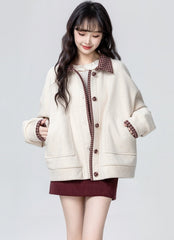 Apricot Layered Plaid Patchwork Sweatshirt Jacket Cardigan