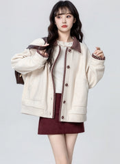 Apricot Layered Plaid Patchwork Sweatshirt Jacket Cardigan