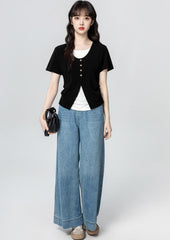 Asymmetrical Split Short Sleeve Black Top