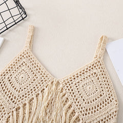 Beige Boho Crochet Tassel Top