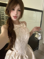 Beige Bow Princess Mini Dress