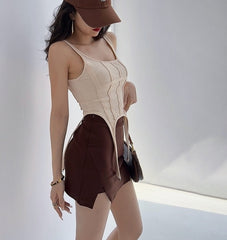 Beige Buckle-Strap Bustier Top