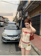 Beige Cable Knit Striped Shorts