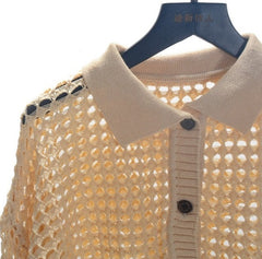 Beige Collared Net Cardigan