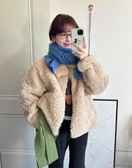 Beige Collared Plush Winter Jacket