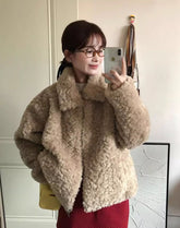 Beige Collared Plush Winter Jacket