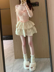 Beige Double Tiered Ruffle Skirt