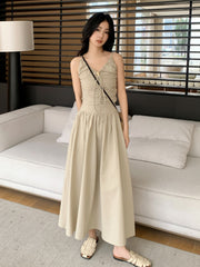 Beige Drawstring V-Neck Dress