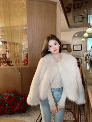 Beige Glam Faux Fur Coat