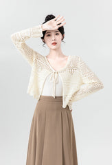 Beige Hollow Knit Tie Cardigan