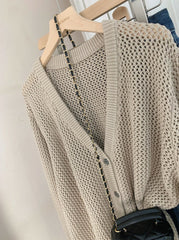 Beige Hollow Knit V-Neck Cardigan