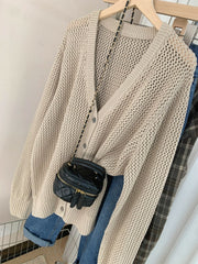 Beige Hollow Knit V-Neck Cardigan