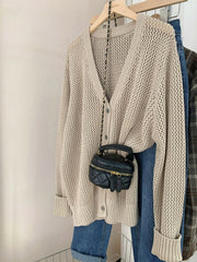 Beige Hollow Knit V-Neck Cardigan