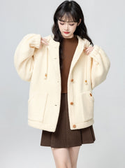 Beige Hooded Loose Fit Cozy Cardigan Jacket