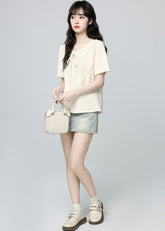 Beige Irregular Neck Short Sleeve Tie Hollow Top