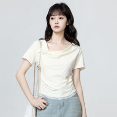 Beige Lace Trim Bowknot Short Sleeve Top