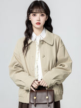 Beige Lace Trim Casual Jacket With Turn Down Collar