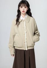 Beige Lace Trim Casual Jacket With Turn Down Collar