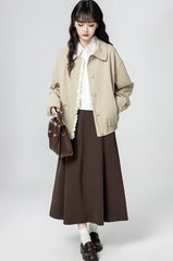 Beige Lace Trim Casual Jacket With Turn Down Collar