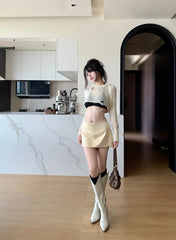 Beige Lace Waistline Mini Skirt