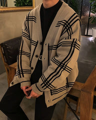 Beige Large Plaid Knitted Cardigan