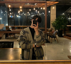 Beige Large Plaid Knitted Cardigan