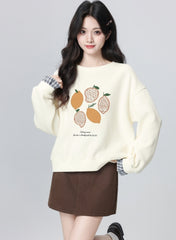 Beige Layered Crewneck Sweatshirt Plaid Patchwork Cropped Top