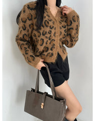 Beige Leopard Pattern Knitted Cardigan