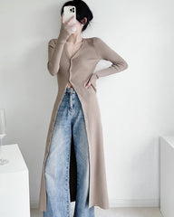 Beige Long Knitted V-Neck Cardigan