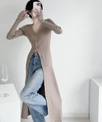 Beige Long Knitted V-Neck Cardigan
