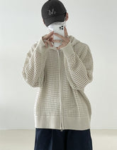 Beige Mesh Hollow Knit Zip-Up Hoodie