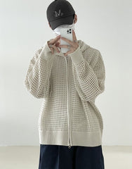 Beige Mesh Hollow Knit Zip-Up Hoodie