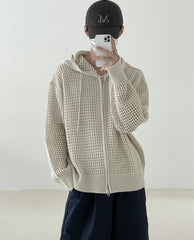Beige Mesh Hollow Knit Zip-Up Hoodie