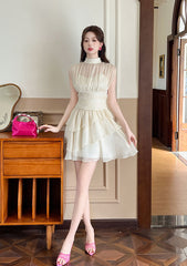 Beige Mesh Ruffles Mock Neck Dress