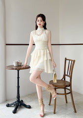 Beige Mesh Ruffles Mock Neck Dress