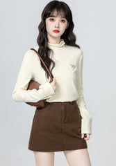 Beige Mock Neck Long Sleeve Layering Top