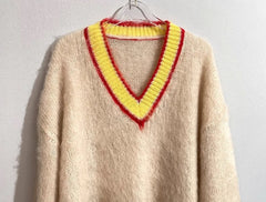 Beige Mohair V-Neck Sweater With Yellow Linings