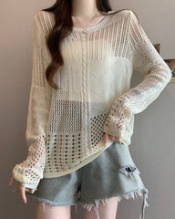 Beige Multi-Pattern Hollow Knit Sweater