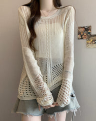Beige Multi-Pattern Hollow Knit Sweater