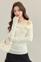 Beige Off-Shoulder Ribbon Knit Top