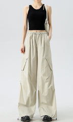 Beige Pleated Side Pocket Utility Pants