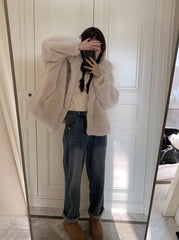 Beige Plush Hooded Winter Jacket