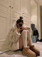Beige Plush Hooded Winter Jacket