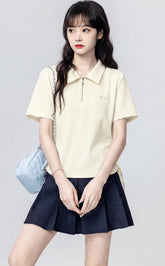 Beige Polo Neck Short Sleeve Top