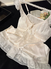 Beige Ruffled Lace Trim Dress