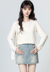 Beige Ruffled Long Sleeve Casual Layering Top