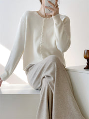 Beige Scallop Trim Knit Cardigan