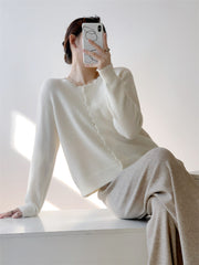 Beige Scallop Trim Knit Cardigan