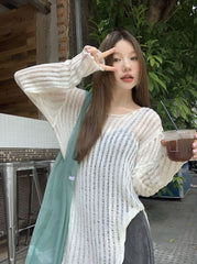 Beige Sheer Ribbed Knit Asymmetric Sweater